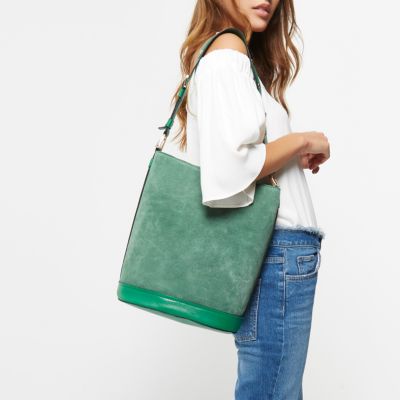 Green suede bucket handbag